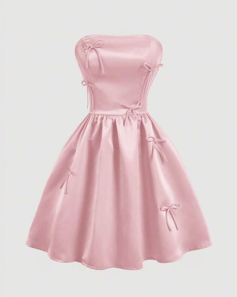 Blush Pink Satin Fit & Flare Dress for Women | Bow Detail Mini Party Dress