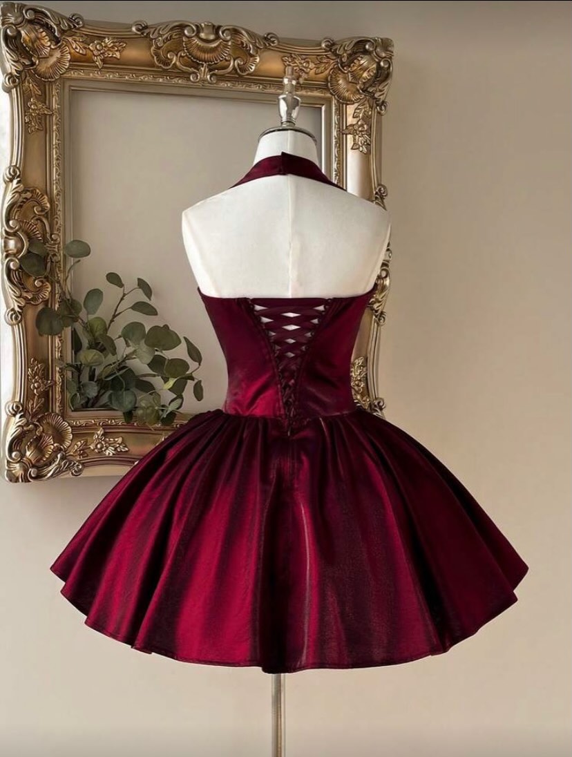 Wine Satin Corset Fit & Flare Dress for Women | Halter Neck Party Wear Dress - Image 6