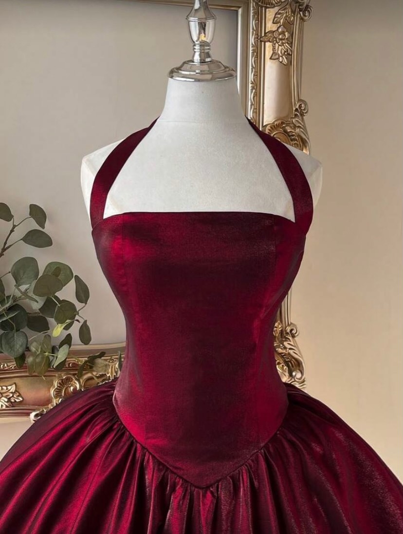 Wine Satin Corset Fit & Flare Dress for Women | Halter Neck Party Wear Dress - Image 2