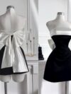 Black & White Satin Crepe Strapless Mini Dress for Women | Statement Bow Party Dress