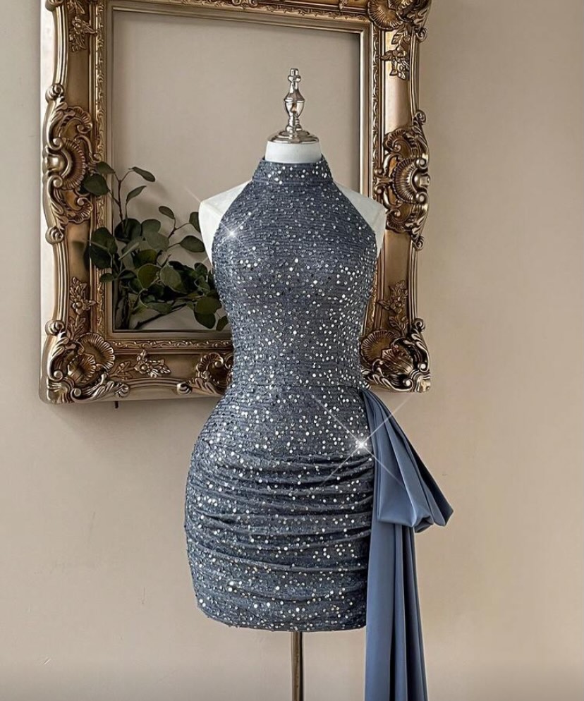 Steel Blue Sequin & Satin Bodycon Party Dress for Women | Draped Side Detail Evening Dress