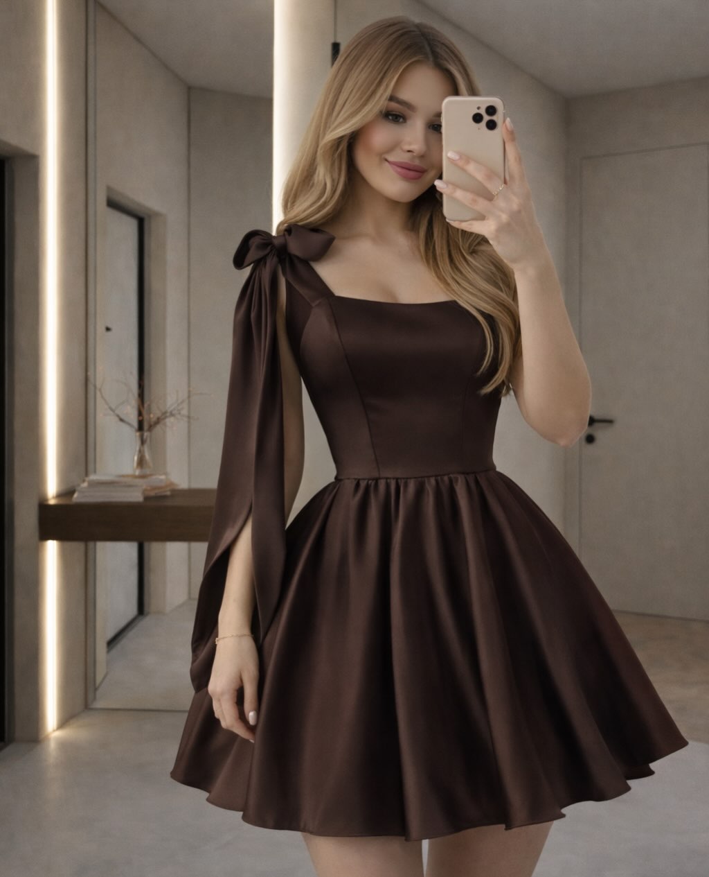 Chocolate Brown One-Shoulder Fit & Flare Mini Dress with Bow – Premium Satin Fabric