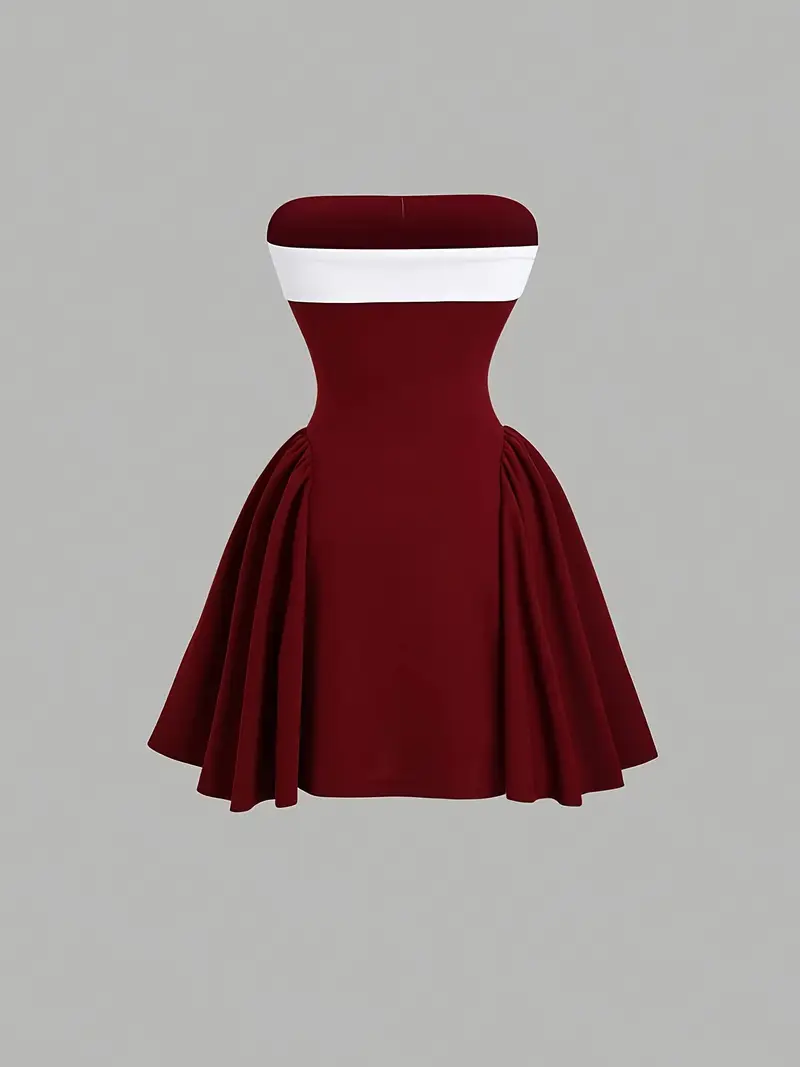 Wine Red Polyester Strapless Bow Detail Fit & Flare Mini Dress - Image 2