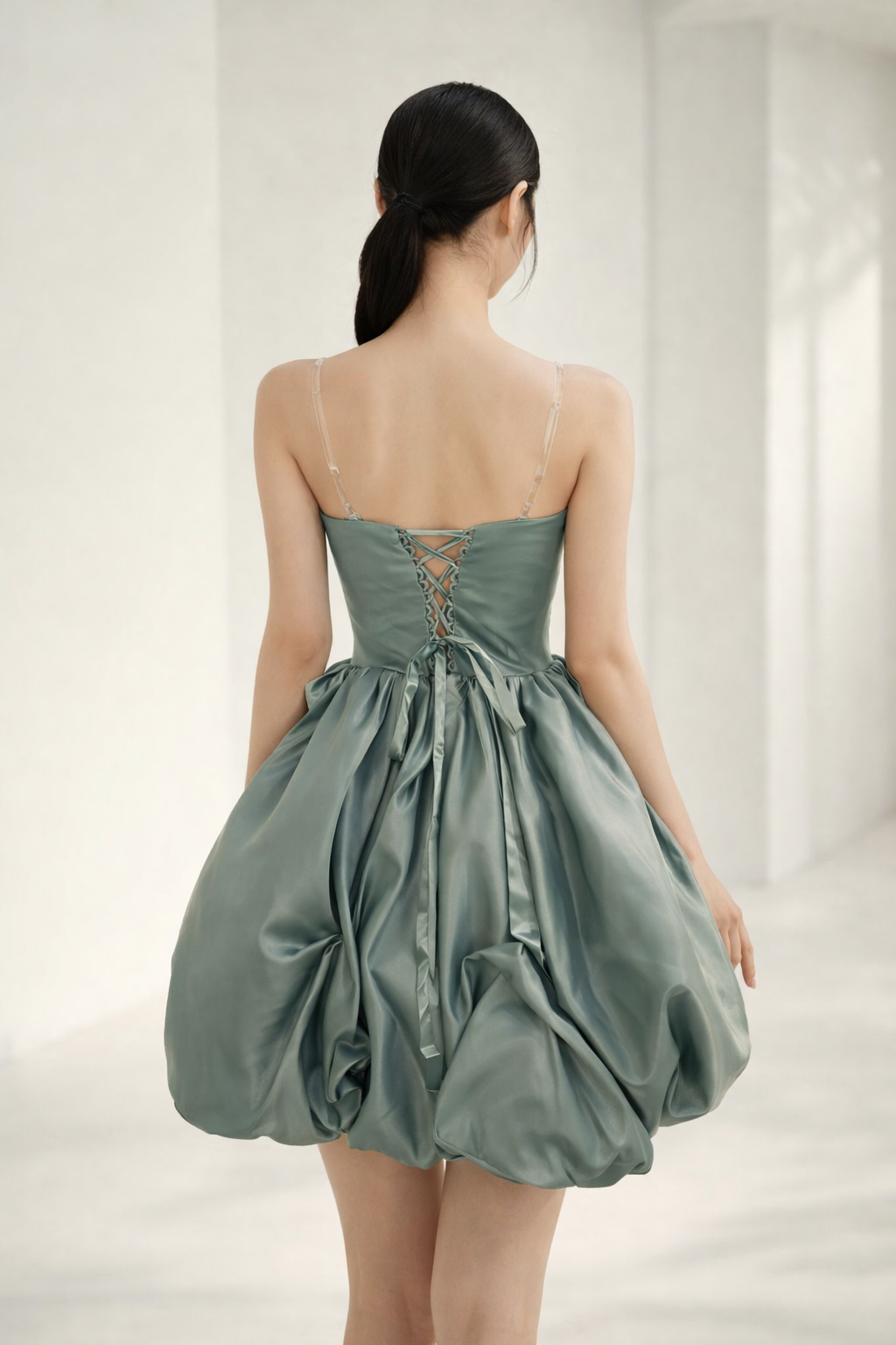 Luxury Satin Polyester Bubble Hem Mini Dress with Bow Details – Sage Green Short Description - Image 2