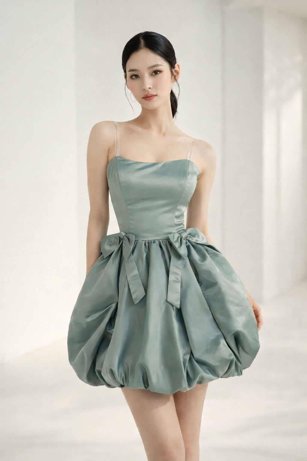Luxury Satin Polyester Bubble Hem Mini Dress with Bow Details – Sage Green Short Description