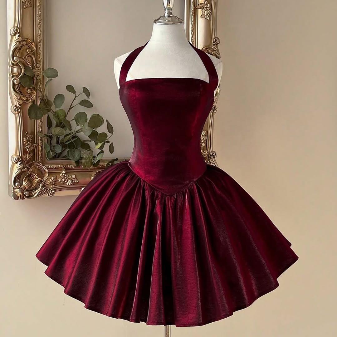 Wine Satin Corset Fit & Flare Dress for Women | Halter Neck Party Wear Dress