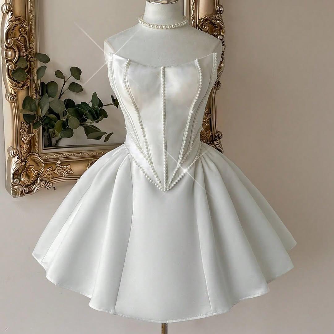 Elegant White Satin Organza Pearl Corset Fit & Flare Dress for Women | Sleeveless Party Dress