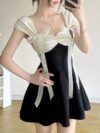 Black & Ivory Satin Bow Detail Fit & Flare Mini Dress