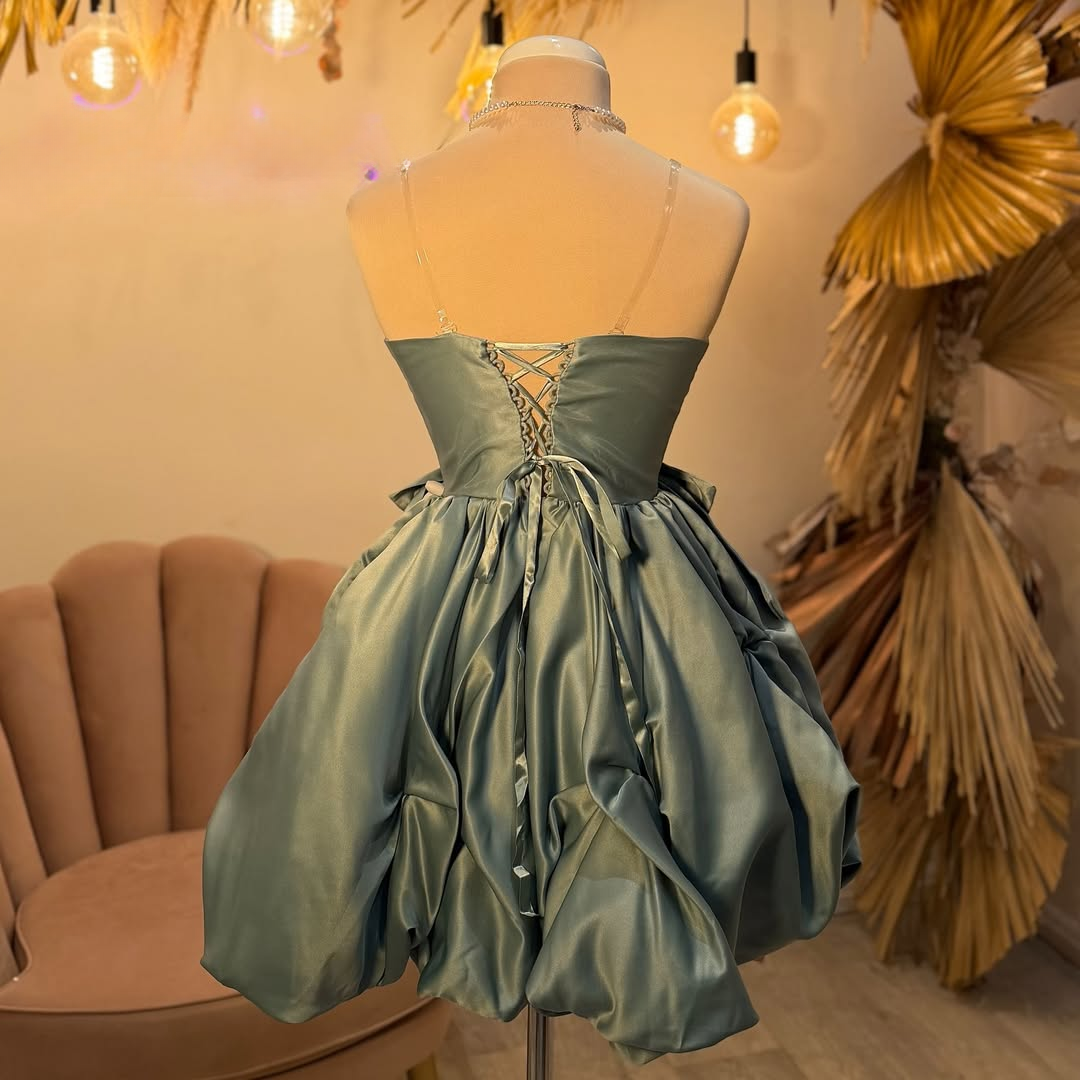 Luxury Satin Polyester Bubble Hem Mini Dress with Bow Details – Sage Green Short Description - Image 3