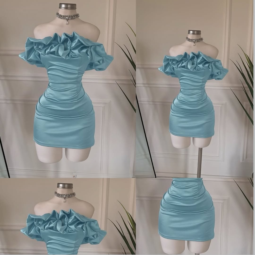 Premium Satin Off-Shoulder Ruffle Bodycon Mini Dress – Sky Blue - Image 2